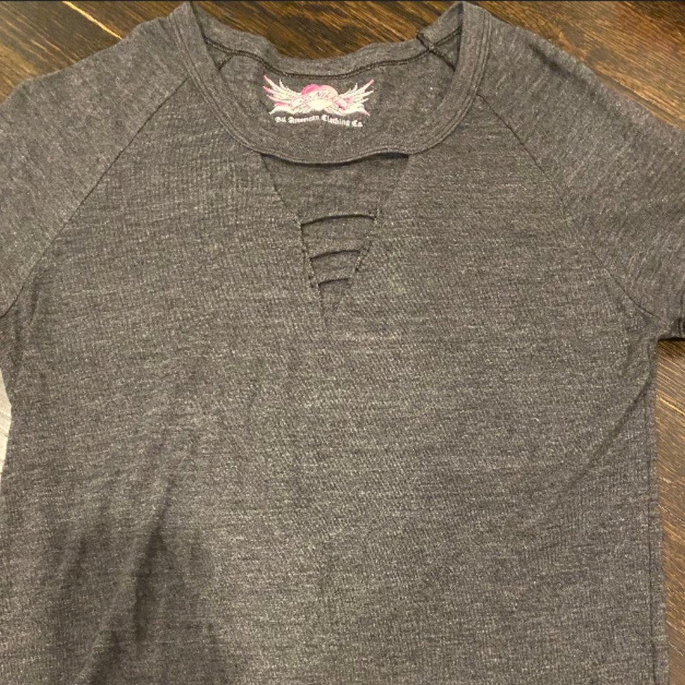 So Nikki short sleeve grey shirt with cut outs